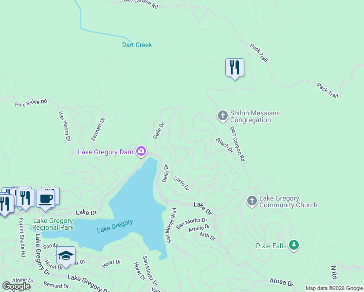 map of restaurants, bars, coffee shops, grocery stores, and more near 290 Davos Drive in Crestline