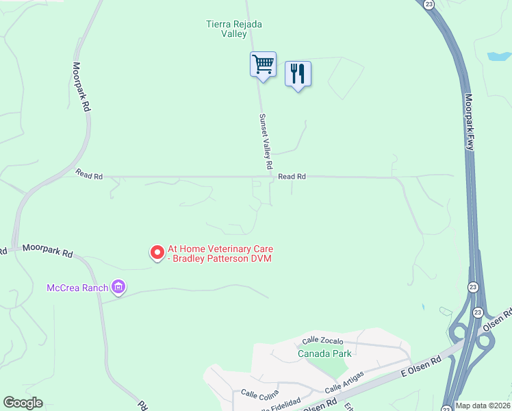 map of restaurants, bars, coffee shops, grocery stores, and more near 4946 Read Road in Moorpark