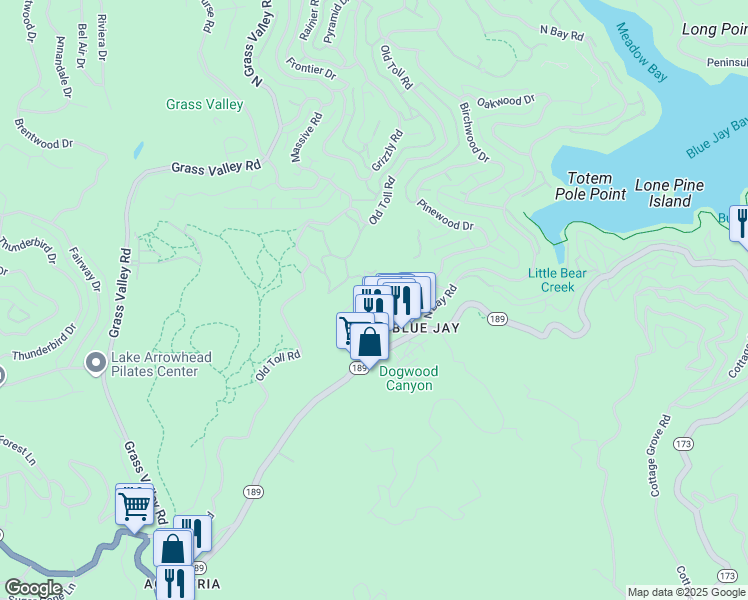 map of restaurants, bars, coffee shops, grocery stores, and more near 27191 Little Bear Road in Lake Arrowhead