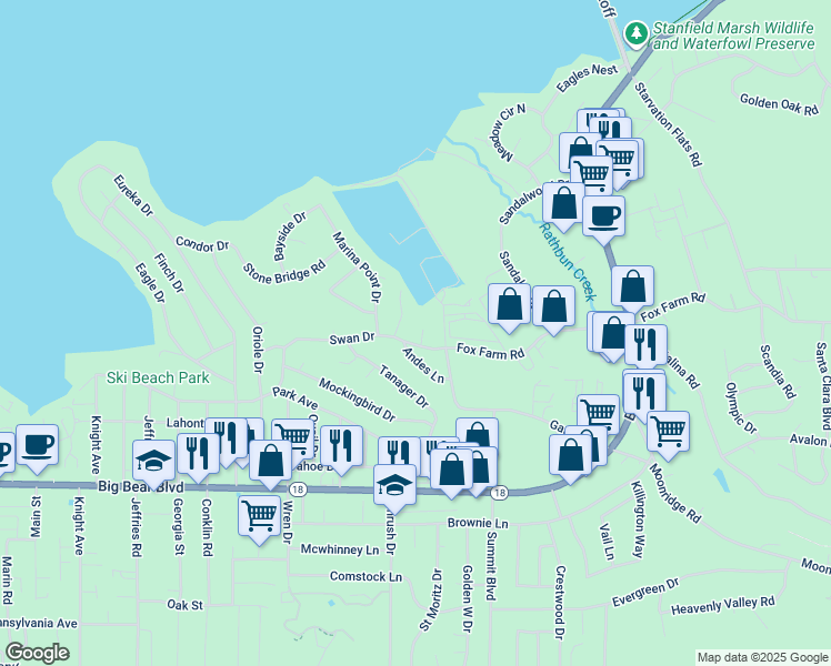 map of restaurants, bars, coffee shops, grocery stores, and more near 216 Alp Court in Big Bear Lake