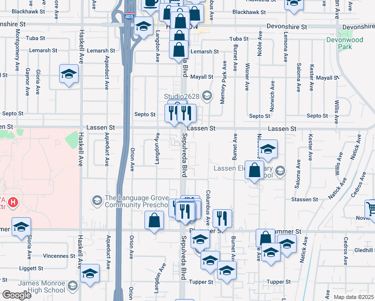 map of restaurants, bars, coffee shops, grocery stores, and more near 9800 Sepulveda Boulevard in Los Angeles