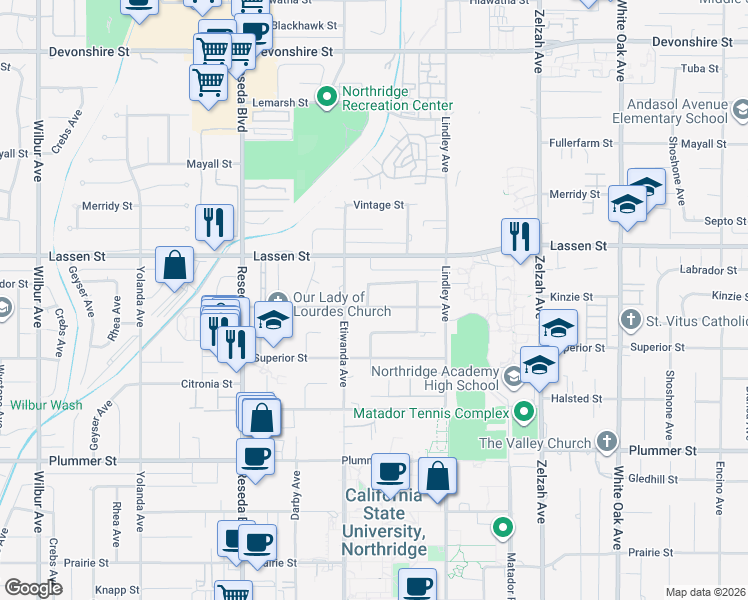 map of restaurants, bars, coffee shops, grocery stores, and more near 18208 Kinzie Street in Los Angeles