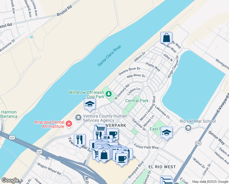 map of restaurants, bars, coffee shops, grocery stores, and more near 764 Nile River Drive in Oxnard