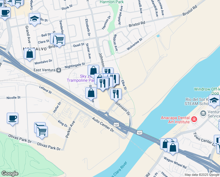 map of restaurants, bars, coffee shops, grocery stores, and more near 2897 Johnson Drive in Ventura