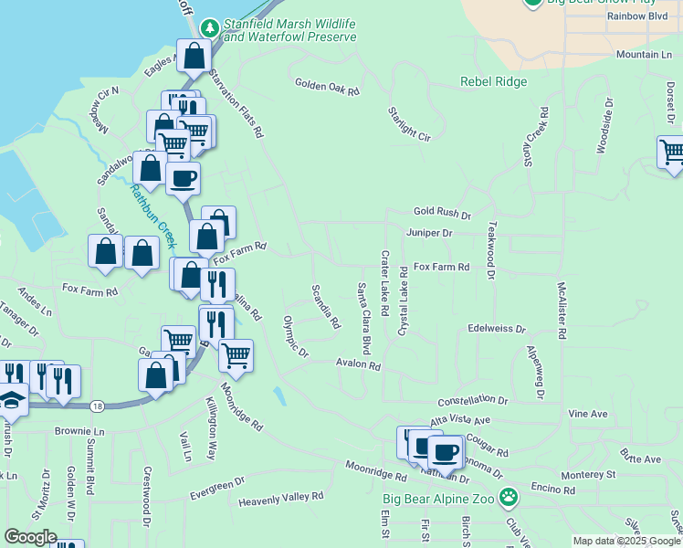 map of restaurants, bars, coffee shops, grocery stores, and more near 42425 Fox Farm Road in Big Bear Lake