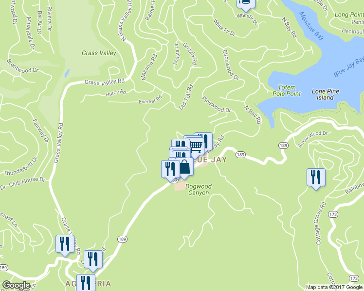 map of restaurants, bars, coffee shops, grocery stores, and more near 27191 Little Bear Road in Lake Arrowhead