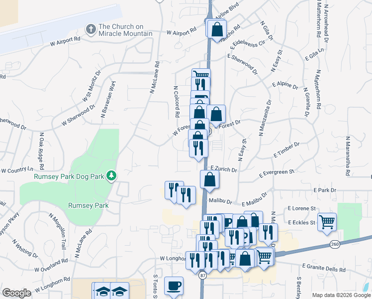map of restaurants, bars, coffee shops, grocery stores, and more near 102 West Pinon Circle in Payson