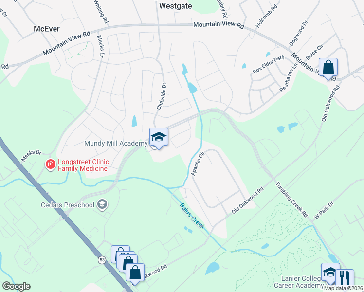 map of restaurants, bars, coffee shops, grocery stores, and more near 4348 Birch Meadow Trail in Gainesville