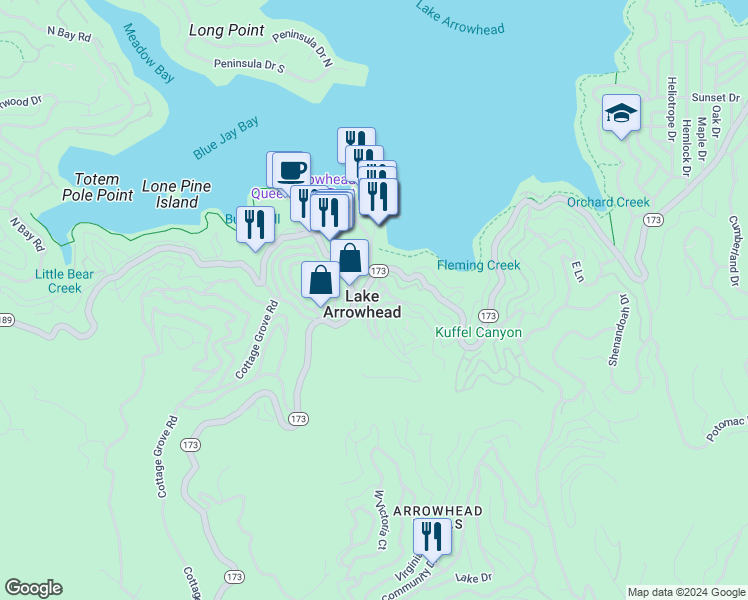 map of restaurants, bars, coffee shops, grocery stores, and more near 254 Mittry Drive in Lake Arrowhead