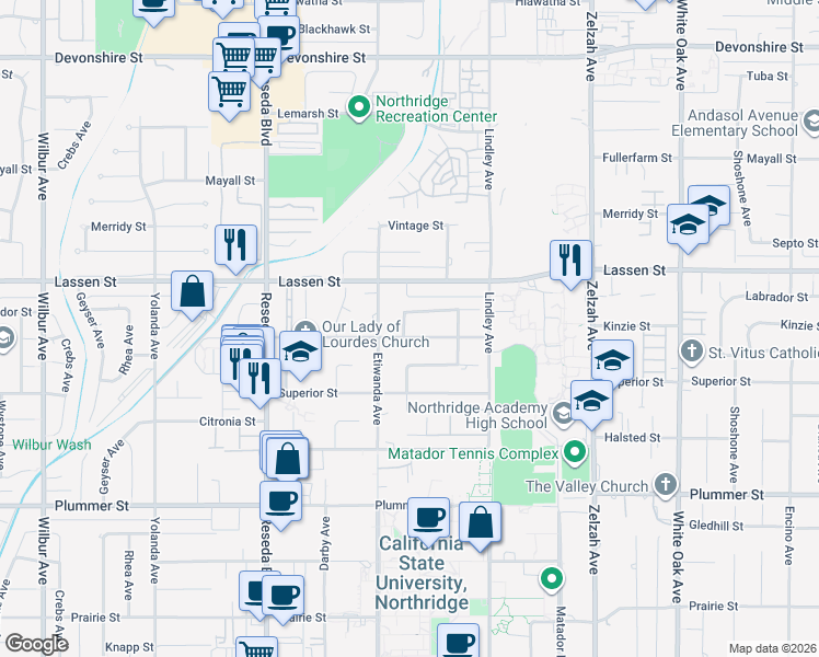map of restaurants, bars, coffee shops, grocery stores, and more near 18208 Kinzie Street in Los Angeles