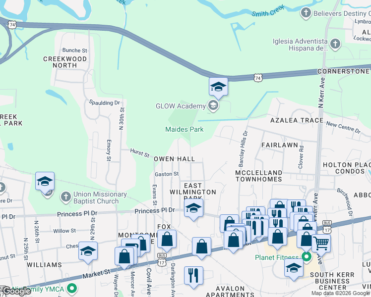 map of restaurants, bars, coffee shops, grocery stores, and more near 549 Manly Avenue in Wilmington