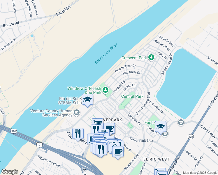 map of restaurants, bars, coffee shops, grocery stores, and more near Owens River Dr & Nile River Dr in Oxnard