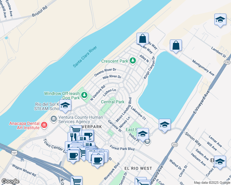 map of restaurants, bars, coffee shops, grocery stores, and more near 3224 Lisbon Lane in Oxnard