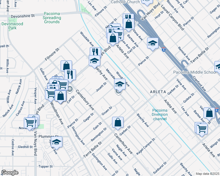 map of restaurants, bars, coffee shops, grocery stores, and more near 14041 Pierce Street in Los Angeles