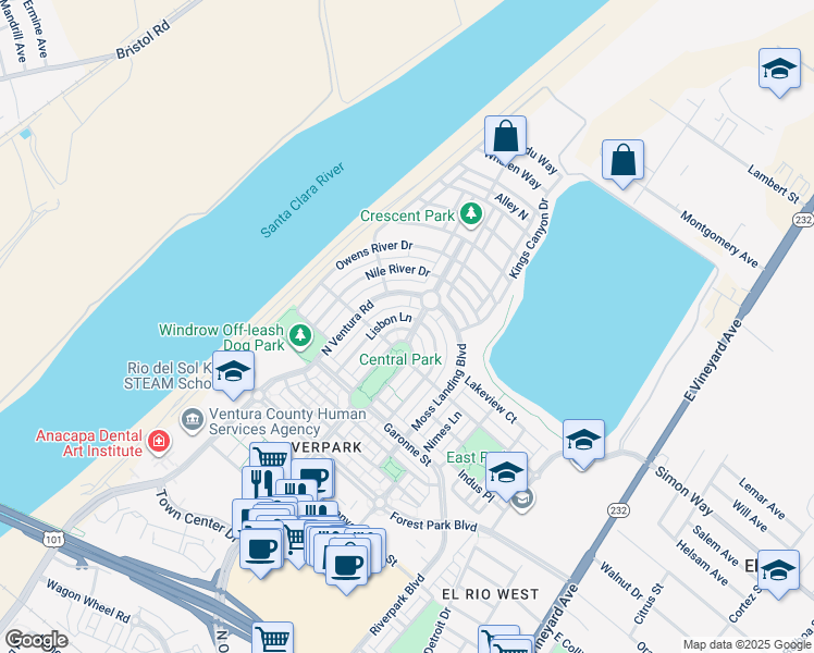 map of restaurants, bars, coffee shops, grocery stores, and more near 3224 Lisbon Lane in Oxnard