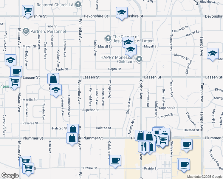 map of restaurants, bars, coffee shops, grocery stores, and more near 9830 Oakdale Avenue in Los Angeles