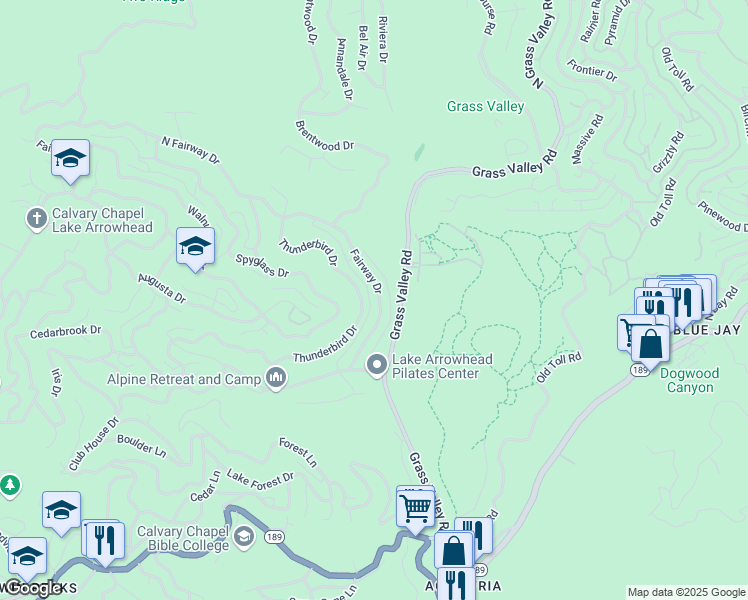 map of restaurants, bars, coffee shops, grocery stores, and more near 272 Fairway Drive in Lake Arrowhead