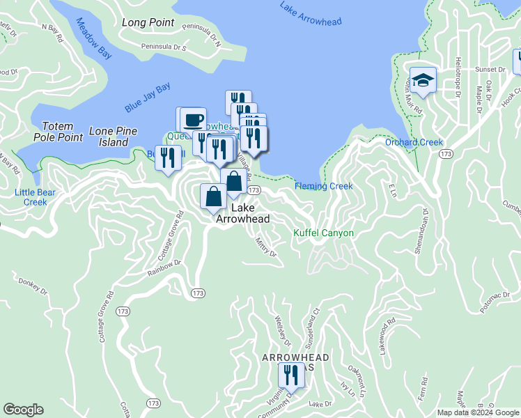 map of restaurants, bars, coffee shops, grocery stores, and more near 325 Primrose Circle in Lake Arrowhead