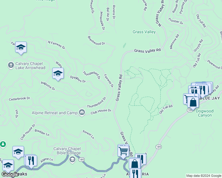 map of restaurants, bars, coffee shops, grocery stores, and more near 272 Fairway Drive in Lake Arrowhead
