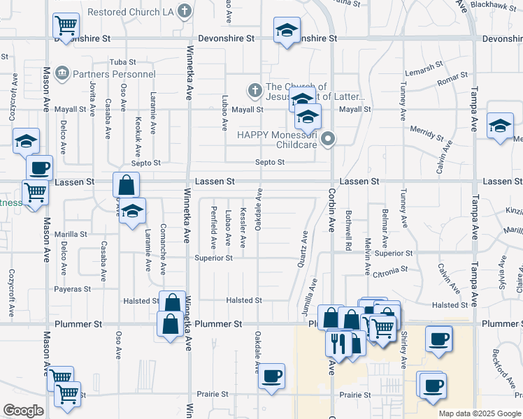 map of restaurants, bars, coffee shops, grocery stores, and more near 9830 Oakdale Avenue in Los Angeles