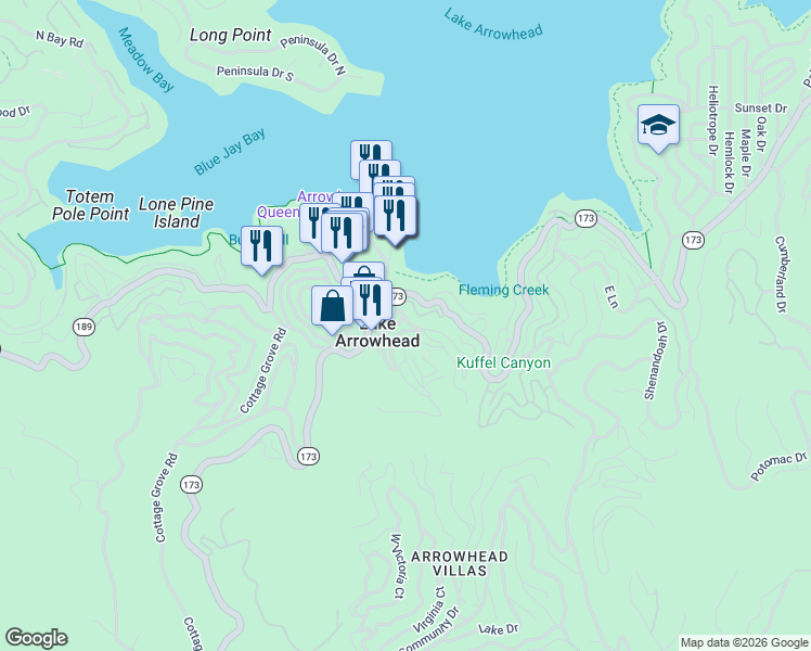 map of restaurants, bars, coffee shops, grocery stores, and more near 325 Primrose Circle in Lake Arrowhead