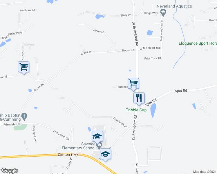 map of restaurants, bars, coffee shops, grocery stores, and more near 2010 Tomahawk Lane in Cumming