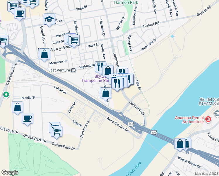 map of restaurants, bars, coffee shops, grocery stores, and more near 2910 Sherwin Avenue in Ventura
