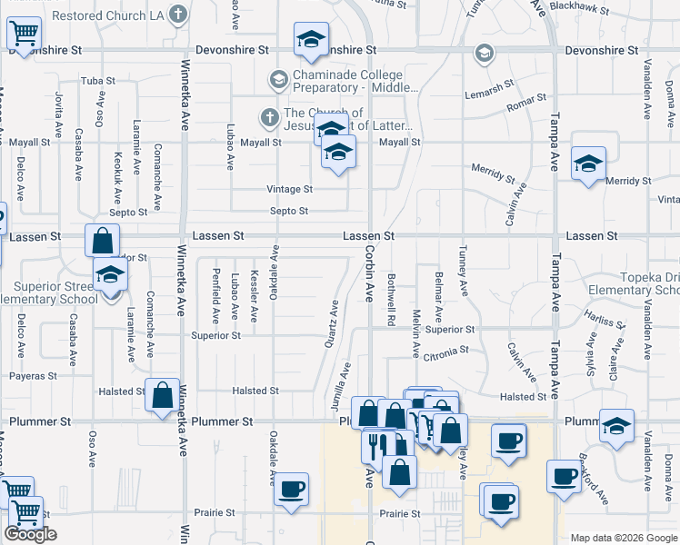 map of restaurants, bars, coffee shops, grocery stores, and more near 9831 Quartz Avenue in Los Angeles