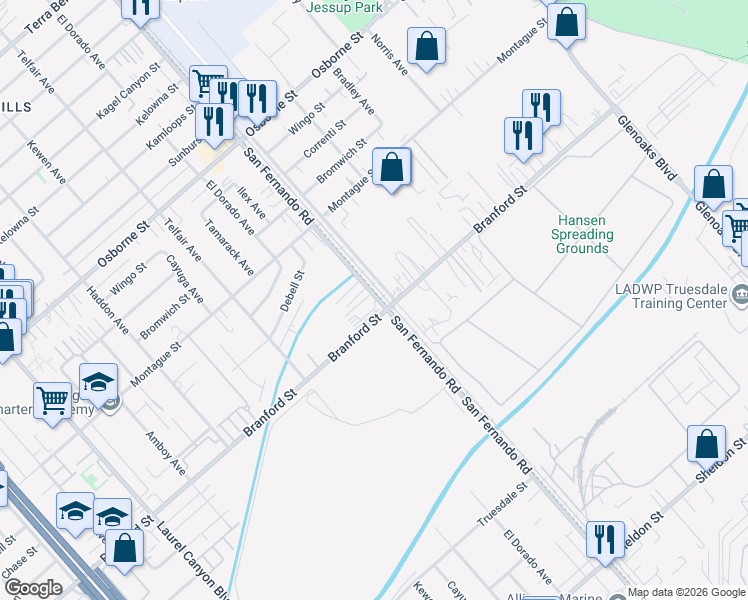 map of restaurants, bars, coffee shops, grocery stores, and more near 8825 San Fernando Road in Los Angeles
