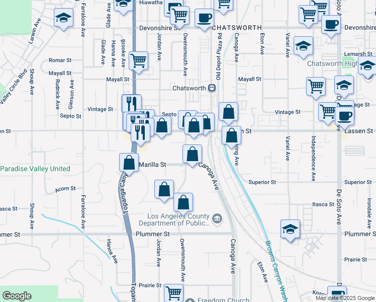 map of restaurants, bars, coffee shops, grocery stores, and more near 9751 Owensmouth Avenue in Los Angeles