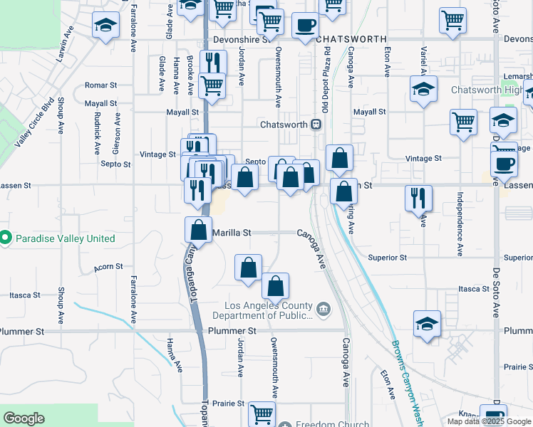 map of restaurants, bars, coffee shops, grocery stores, and more near 9751-9799 Owensmouth Ave in Los Angeles