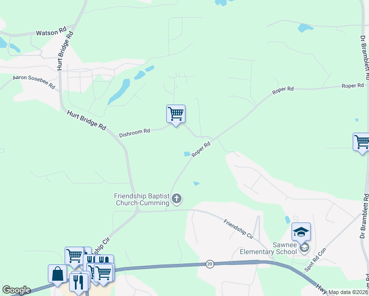 map of restaurants, bars, coffee shops, grocery stores, and more near 2770 Roper Road in Cumming