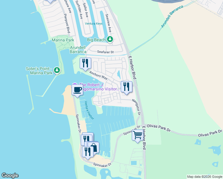 map of restaurants, bars, coffee shops, grocery stores, and more near 942 Puerto Place in Ventura