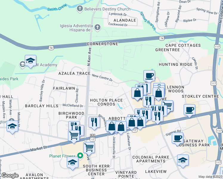 map of restaurants, bars, coffee shops, grocery stores, and more near 4617 McClelland Drive in Wilmington