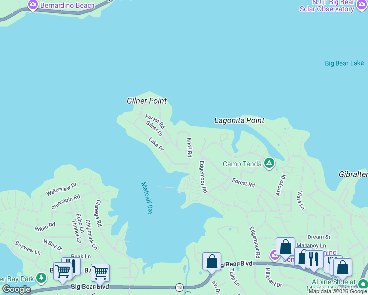 map of restaurants, bars, coffee shops, grocery stores, and more near 39643 Forest Road in Big Bear Lake