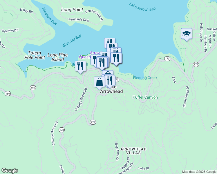 map of restaurants, bars, coffee shops, grocery stores, and more near 28200 California 189 in Lake Arrowhead
