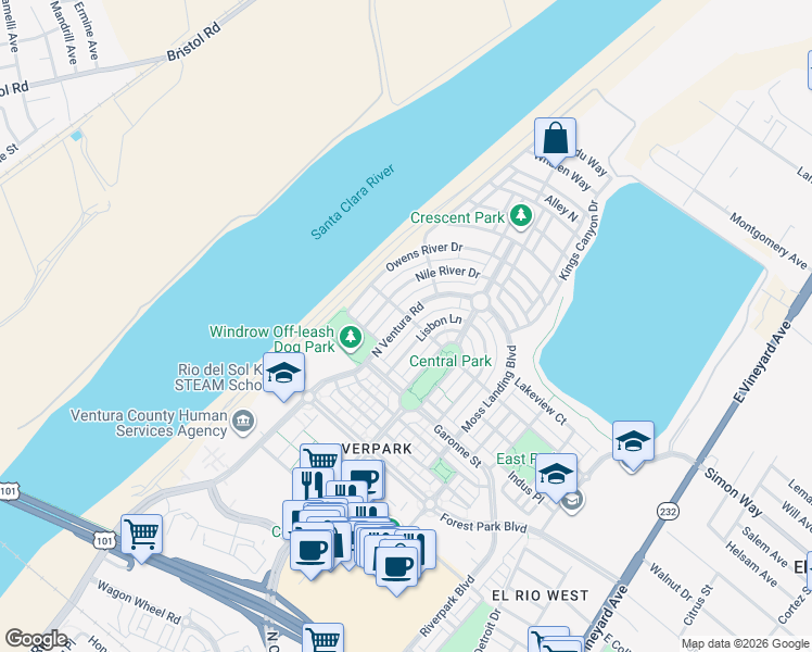 map of restaurants, bars, coffee shops, grocery stores, and more near 3146 Lisbon Lane in Oxnard