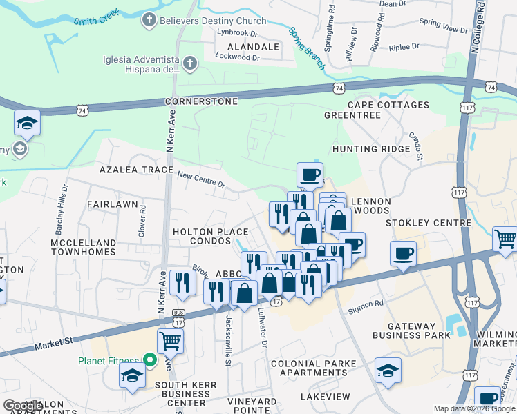 map of restaurants, bars, coffee shops, grocery stores, and more near 532 Cobblestone Drive in Wilmington