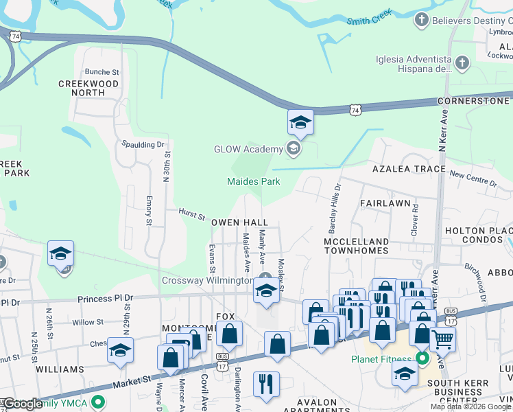 map of restaurants, bars, coffee shops, grocery stores, and more near 549 Manly Avenue in Wilmington