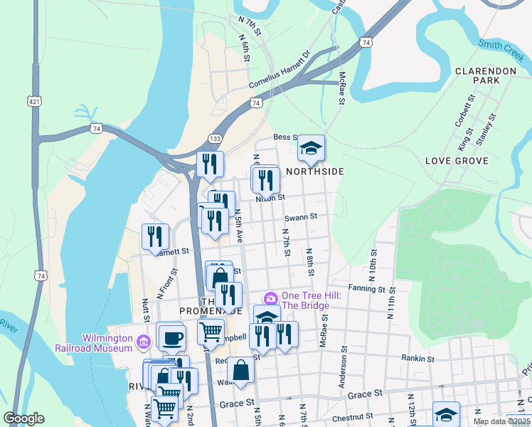 map of restaurants, bars, coffee shops, grocery stores, and more near 1106 North 6th Street in Wilmington