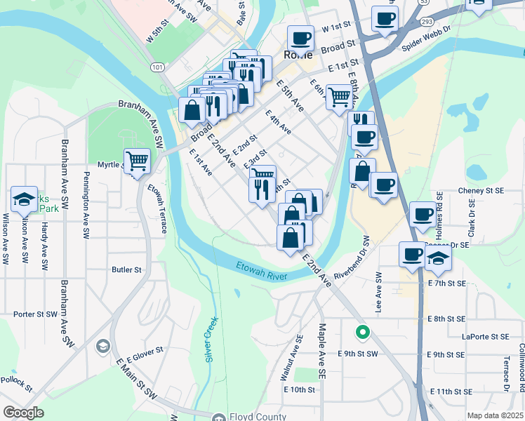 map of restaurants, bars, coffee shops, grocery stores, and more near 405 East 1st Avenue in Rome