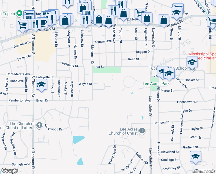 map of restaurants, bars, coffee shops, grocery stores, and more near 400 Monument Drive in Tupelo