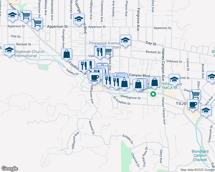 map of restaurants, bars, coffee shops, grocery stores, and more near 7157 Foothill Boulevard in Los Angeles