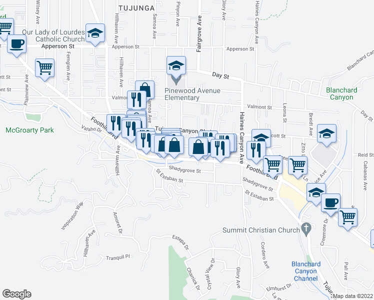 map of restaurants, bars, coffee shops, grocery stores, and more near 7019 Foothill Boulevard in Los Angeles