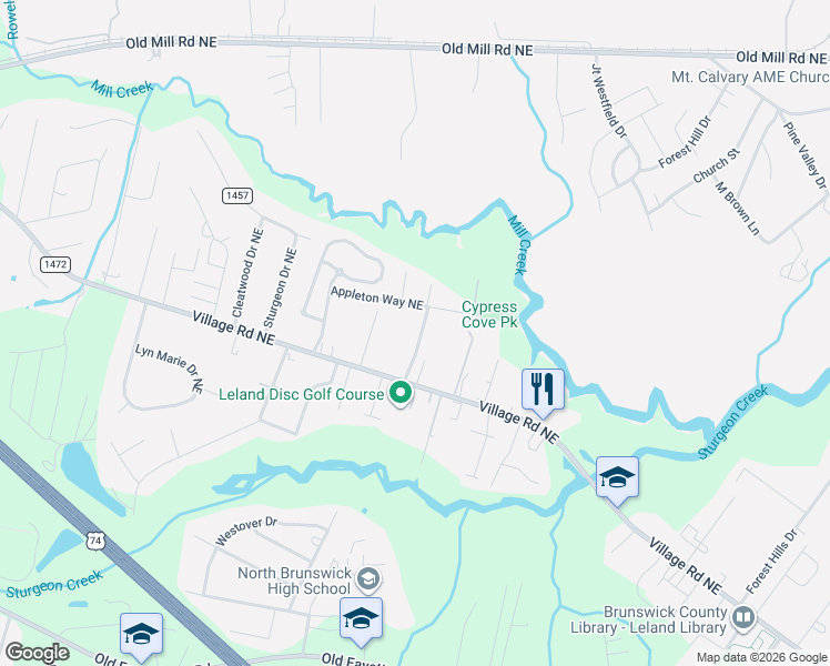 map of restaurants, bars, coffee shops, grocery stores, and more near 9731 Graham Drive Northeast in Leland