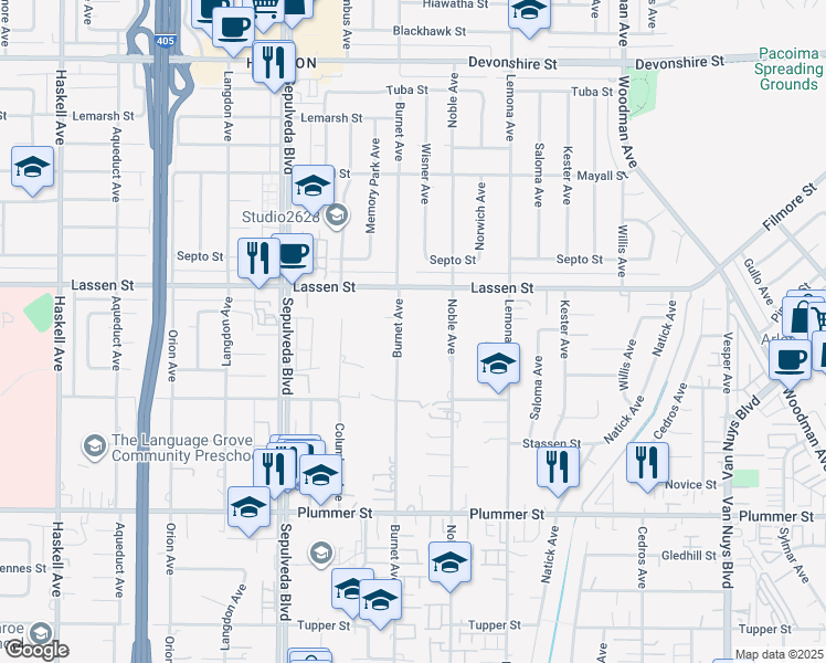 map of restaurants, bars, coffee shops, grocery stores, and more near 9816 Burnet Avenue in Los Angeles