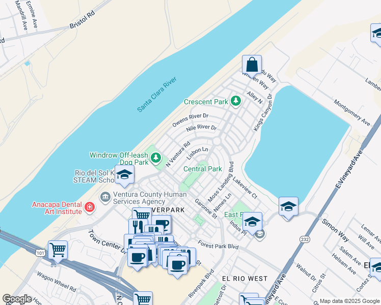 map of restaurants, bars, coffee shops, grocery stores, and more near 3205 Lisbon Lane in Oxnard