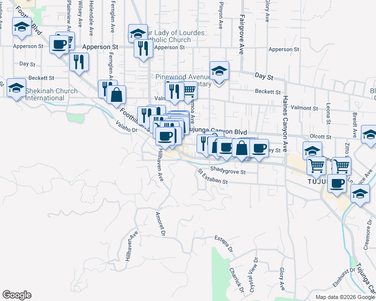 map of restaurants, bars, coffee shops, grocery stores, and more near 7157 Foothill Boulevard in Los Angeles