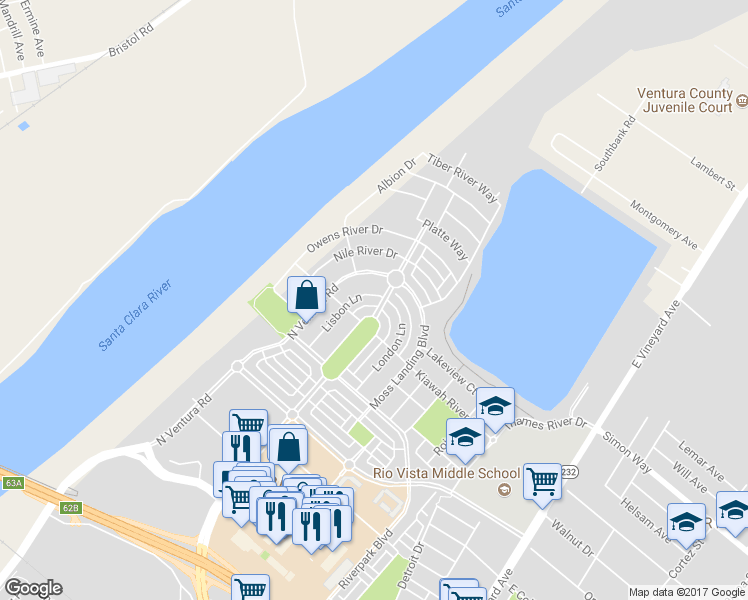 map of restaurants, bars, coffee shops, grocery stores, and more near 3224 Lisbon Lane in Oxnard