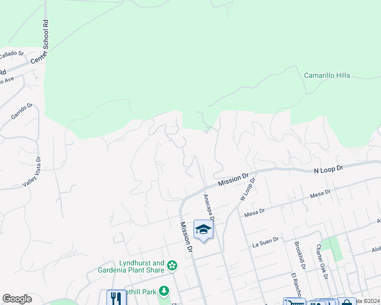 map of restaurants, bars, coffee shops, grocery stores, and more near 22 Santa Cruz Way in Camarillo